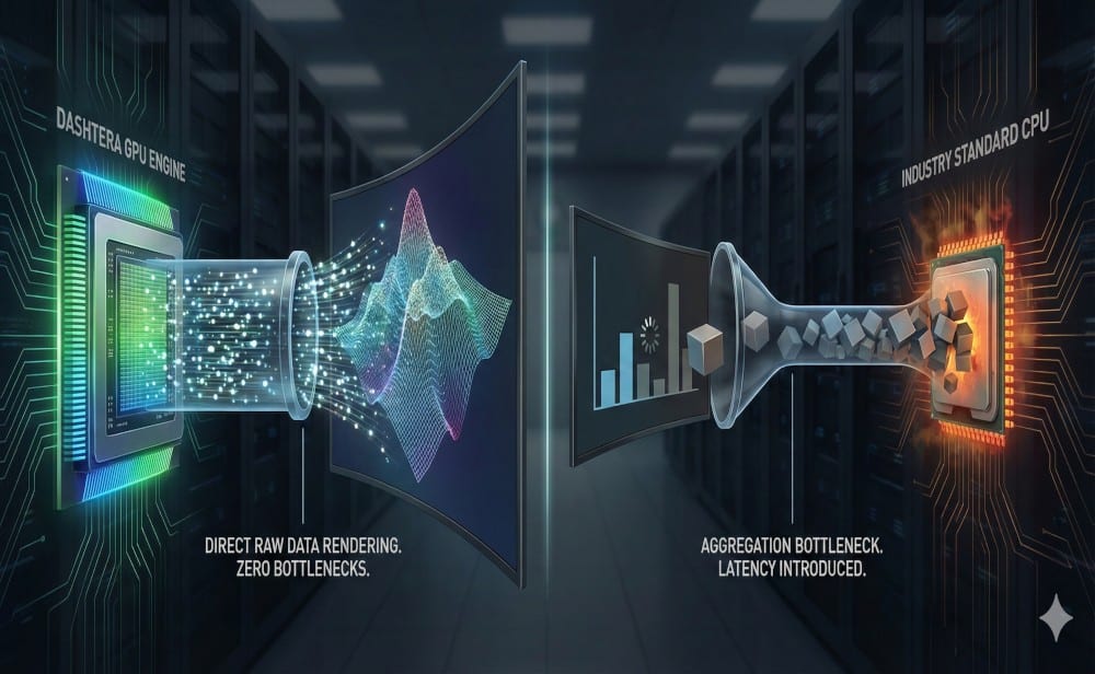 Architectural illustration comparing dashtera's direct gpu raw data rendering pipe against the cpu aggregation bottleneck.