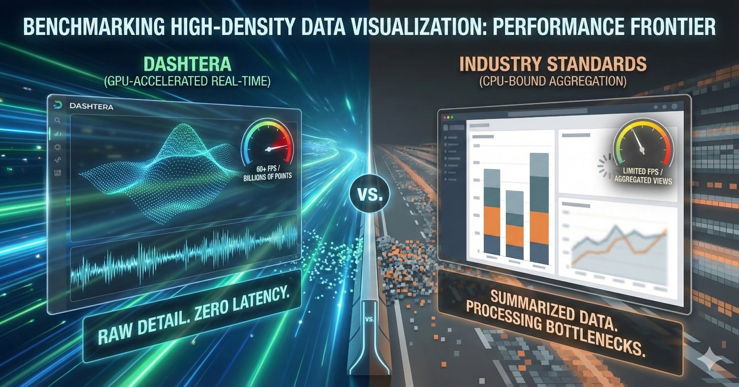 Split-screen visualization benchmark comparing dashtera gpu real-time performance against cpu-bound industry standards.