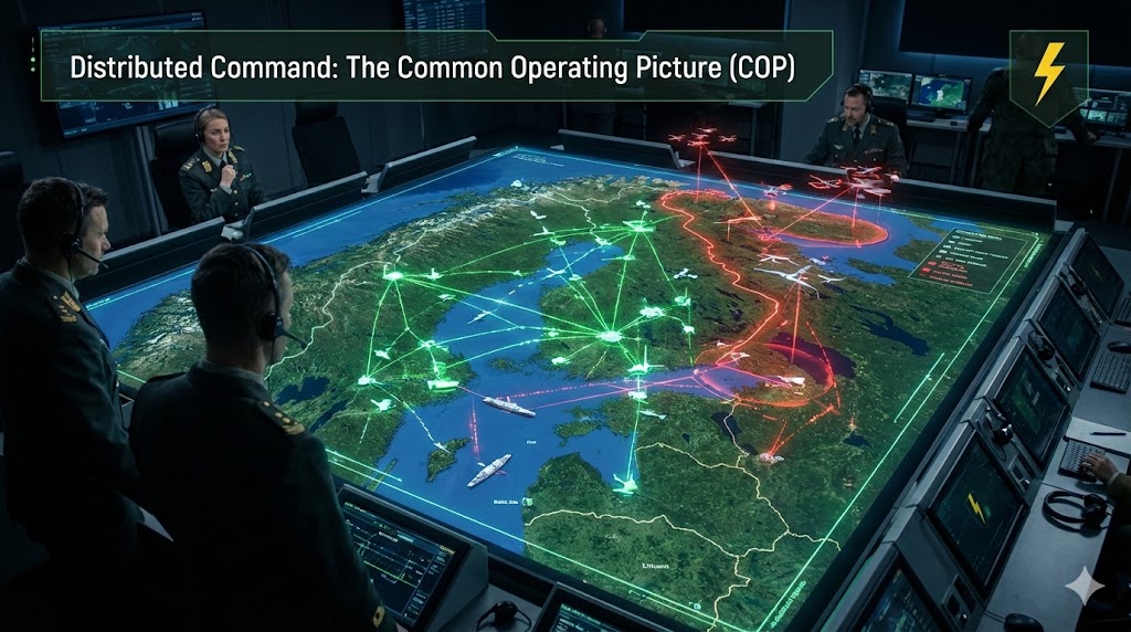 Strategic command center visualization showing a 3d holographic map with green friendly networks and red threat zones.
