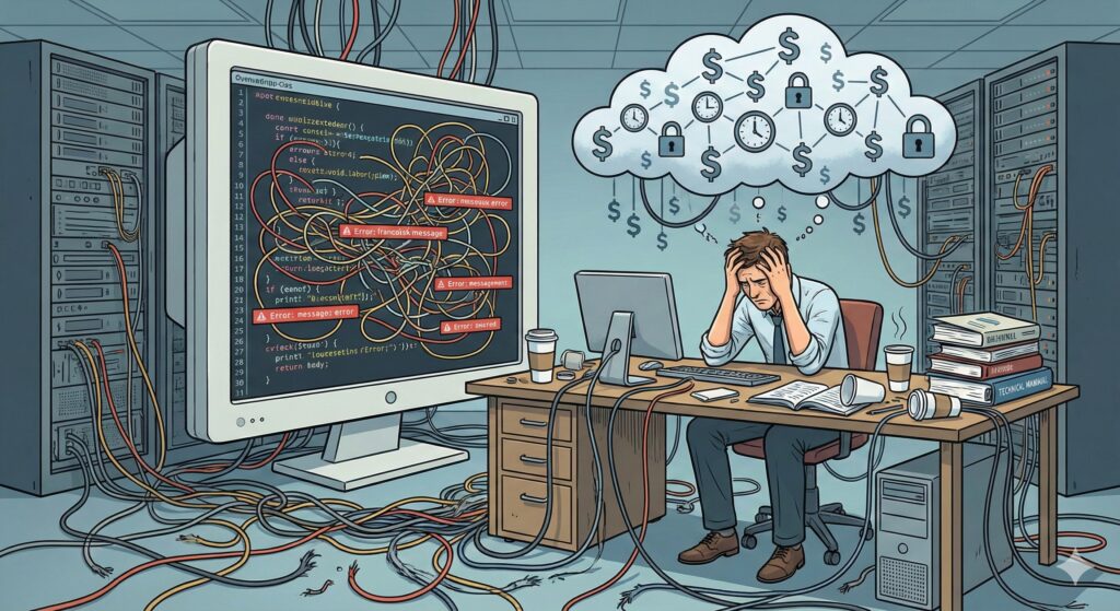 Stressed programmer surrounded by chaos.