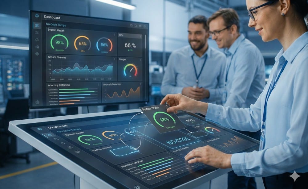 Hand using a drag-and-drop no-code dashboard builder to visualize real-time sensor data and kpis on a touch screen.