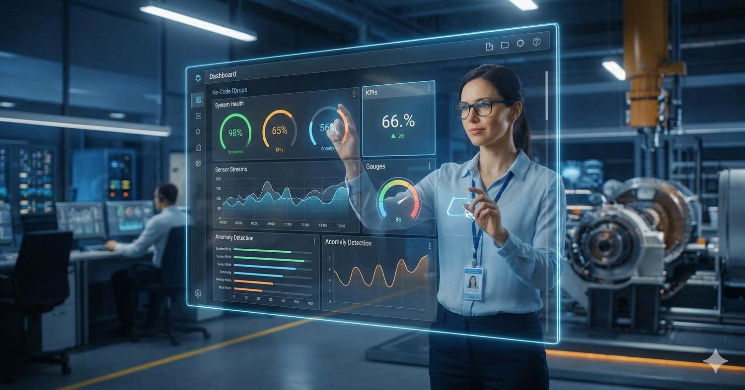Female data scientist interacting with a futuristic no-code dashboard interface in a modern engineering facility.