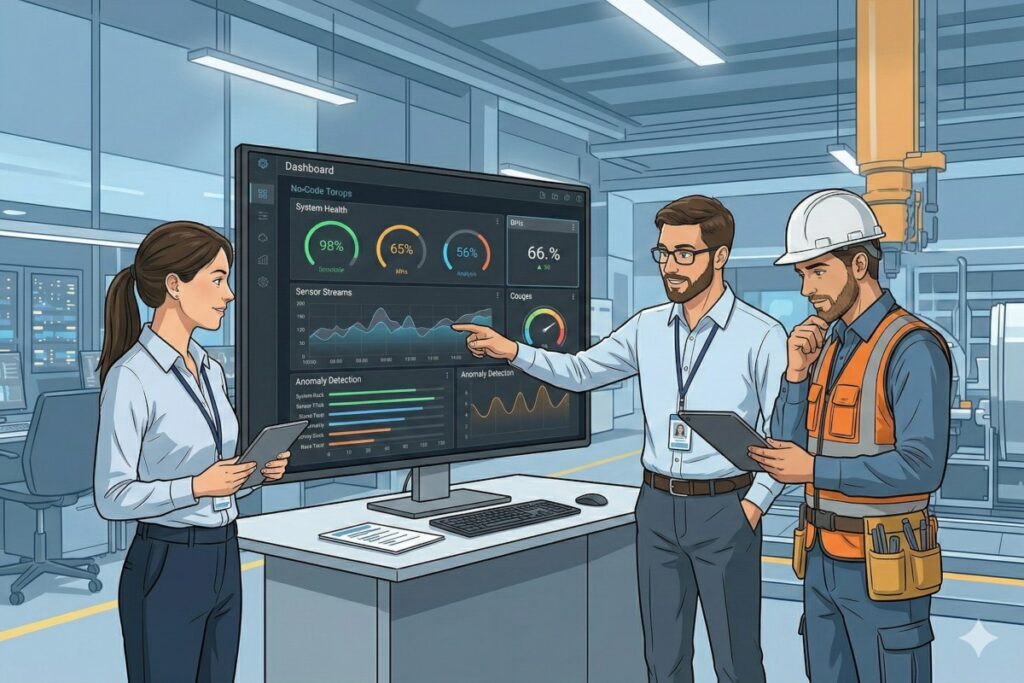 Diverse engineering team monitoring real-time system health and anomaly detection on multiple devices using a no-code platform.