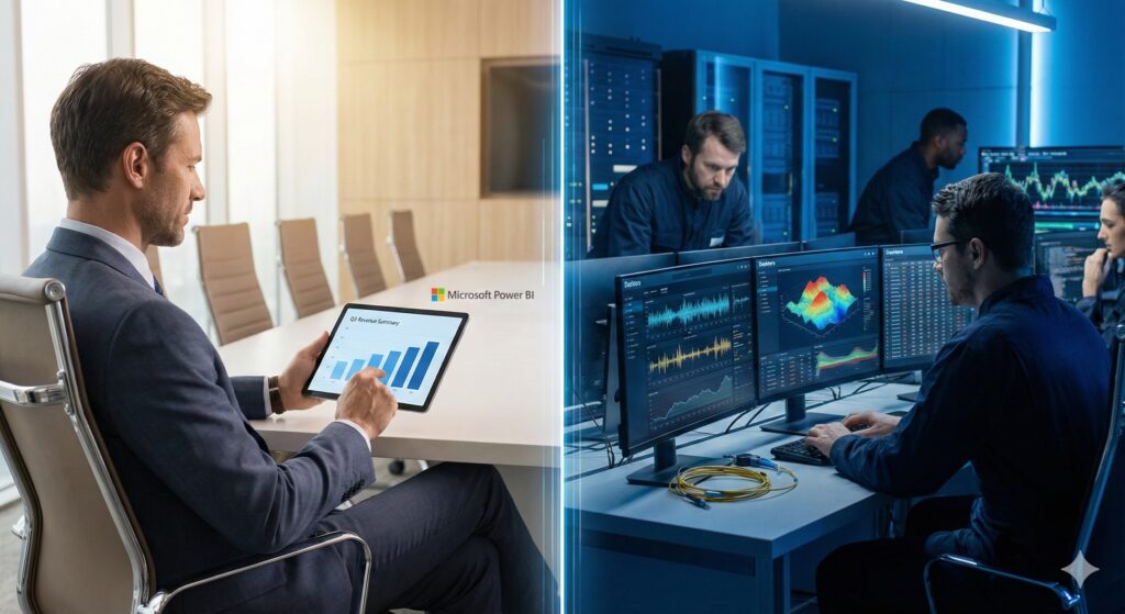 Split screen contrasting microsoft power bi business reporting in a boardroom vs. Dashtera's high-frequency technical data in an engineering control room.