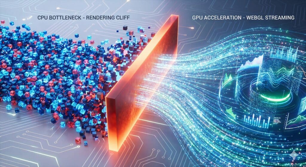 Technical visualization comparing a "cpu bottleneck - rendering cliff" for data versus smooth streaming enabled by "gpu acceleration - webgl streaming".