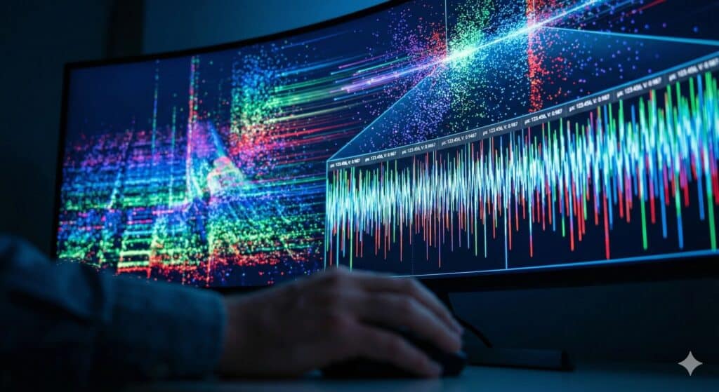 Macro shot of high-density scientific display showing real-time spectrograms and precise microsecond waveform analytics without latency or data thinning.
