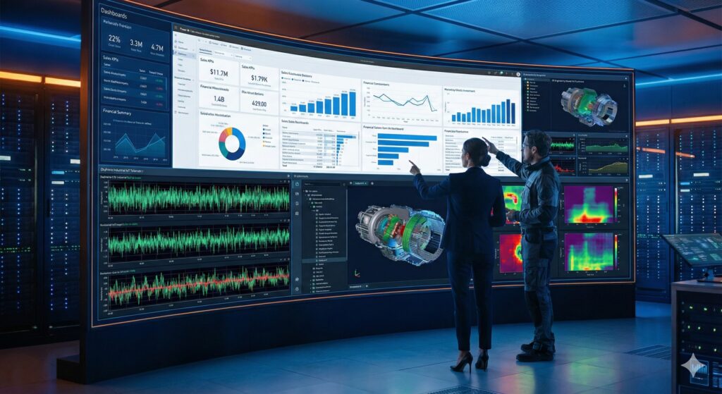 Futuristic 2026 data war room screen combining power bi business dashboards with high-speed real-time industrial iot telemetry and engineering models.