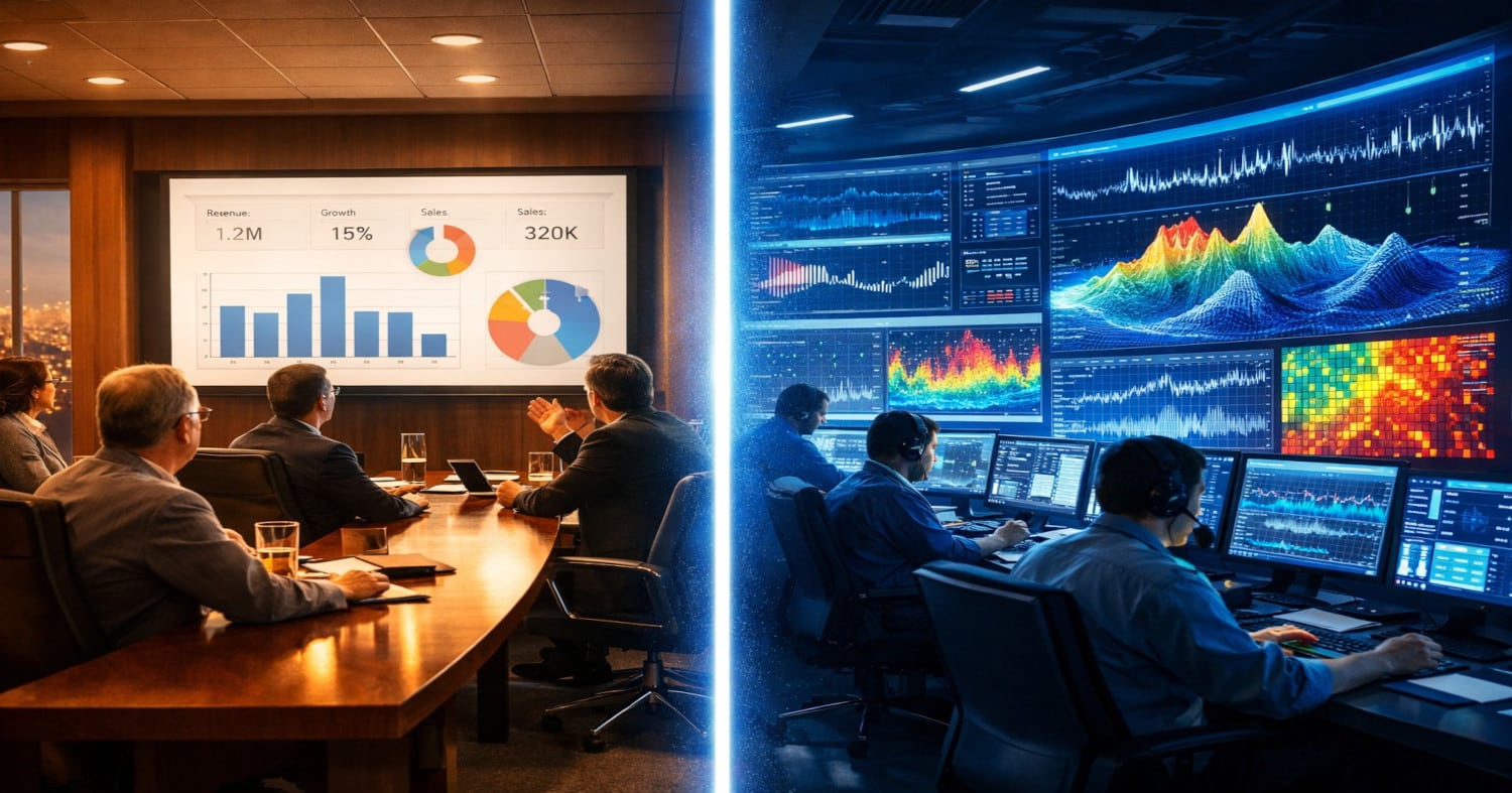 Futuristic control room displaying high-performance, real-time technical data visualizations on dashtera charting dashboards.
