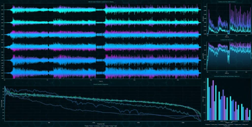 Audio signal comparison dashboard showing mp3 vs. Wav exports with high-resolution spectrograms and signal waveforms powered by lightningchart.