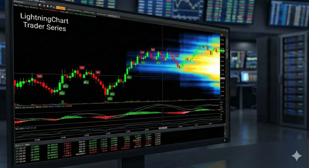 Lightningchart trader series technical analysis dashboard featuring high-frequency ohlc candlestick charts, volume-at-price heatmaps, and real-time financial market indicators.