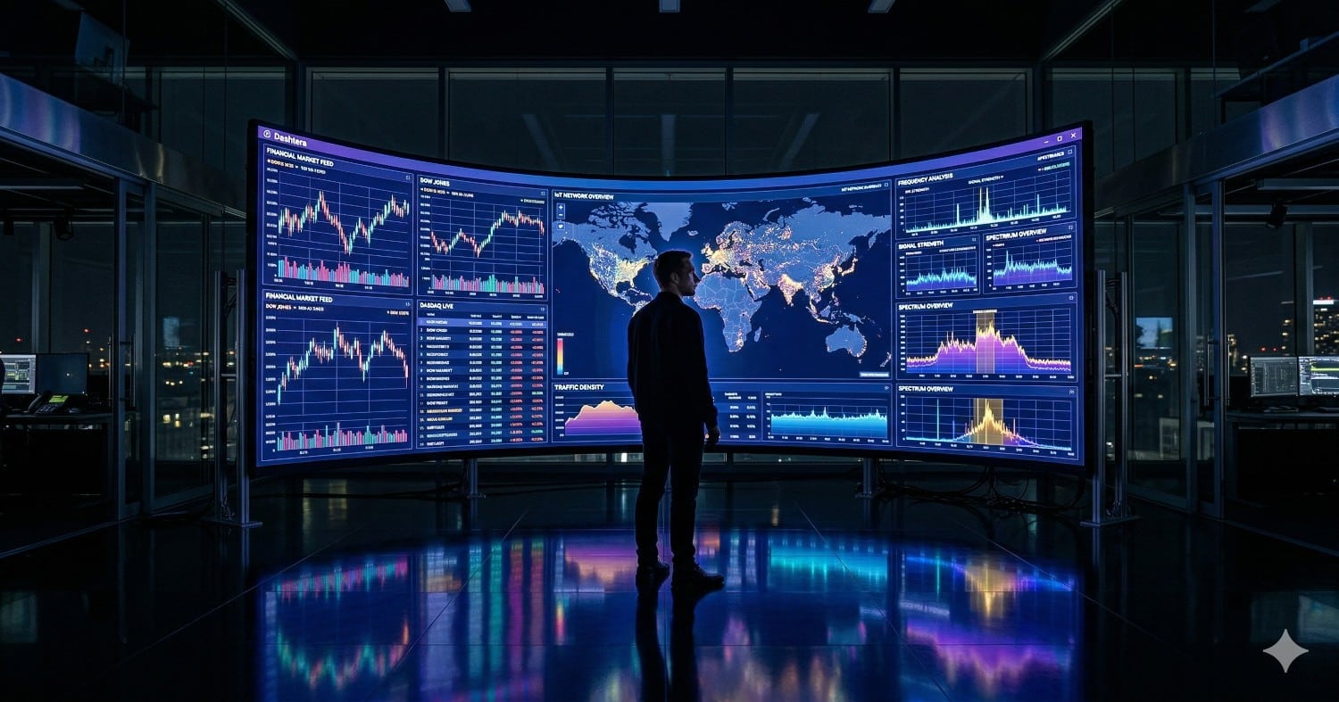 Person analyzing raw data on large screens